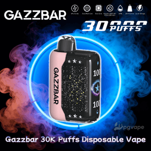 Gazzbar disposable vape advertisement featuring a pink-and-black compact device with a constellation pattern and GAZZBAR logo inside a glowing blue ring, surrounded by orange and blue vapor and bold text reading 30K Puffs with product icons along the top.