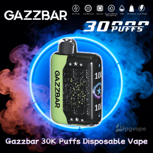 Promotional image showing a green-and-black GAZZBAR disposable vape with a starry constellation panel and '30K puffs' branding, set inside a neon blue ring against swirling red and blue smoke