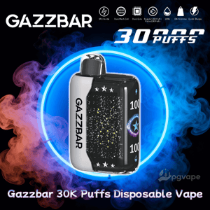 Compact silver-and-black Gazzbar disposable vape with a starry constellation panel and '100' indicators, centered in a glowing blue ring against swirling red and blue vapor with bold '30K PUFFS' branding and product name below