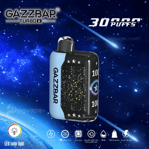 Compact rectangular GAZZBAR Turbo vape with a light-blue side and glossy black front panel showing a star-constellation graphic, '100' indicators and a small star emblem, positioned over a blue starry space background with '30,000 puffs' text at the top and product feature icons along the bottom.