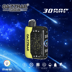 A compact yellow-and-black GAZZBAR Turbo disposable vape device with constellation graphics and a vertical GAZZBAR logo set against a starry blue space background, with large '30,000 puffs' text at the top and feature icons along the bottom.