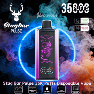 Dispositivo de vapeo desechable Stagbar Pulse de color morado con un gráfico de dragón estilizado y una pantalla digital centrada contra un remolino de vapor azul y naranja y un anillo de neón, con un logotipo de ciervo y 'Stagbar Pulse' en la parte superior izquierda, '35,000 inhalaciones' en la parte superior derecha e íconos de características del producto en la parte inferior.