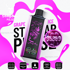 Dispositivo de vapeo Stagbar Pulse de color morado y negro con sabor a uva, con un gráfico de astronauta de color morado neón, inserción circular de uvas con la etiqueta “35 PUFFS” e íconos que muestran una capacidad de 30 ml, una bobina de malla de 1.0 Ω, recargabilidad tipo C y una pantalla de encendido a color.