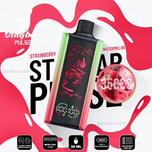 Colorido dispositivo de vapeo rectangular Stagbar Pulse con paneles laterales degradados de verde a rosa y una pantalla negra central que muestra ilustraciones en rojo neón e indicadores LED, colocado sobre un fondo blanco con toques rosados, etiquetado como Fresa y Sandía con un inserto circular de fruta marcado.