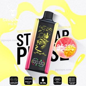 Vaporizador Stagbar Pulse rectangular en negro con paneles laterales de amarillo a rosa, un gráfico de astronauta en amarillo neón y una pantalla de alimentación LED, sobre un fondo promocional que nombra los sabores de melocotón, mango y sandía con una circular.