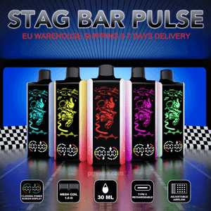 Imagen promocional que muestra cinco dispositivos de vapeo Stag Bar Pulse con paneles laterales degradados brillantes y paneles frontales negros decorados con ilustraciones de ciervos de neón, reflejados en un piso brillante debajo de un gran texto STAG BAR PULSE y un