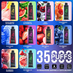 Collage promocional de doce coloridos dispositivos vape desechables sobre fondos de frutas y etiquetados con nombres de sabores, centrado alrededor de una gran