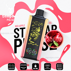 Elegante dispositivo de vapeo rectangular con bordes dorados rosas y una pantalla frontal negra que muestra un gráfico de skater amarillo y contadores digitales, colocado sobre un fondo rosado con un inserto circular de manzanas rojas brillantes con la etiqueta 35 PUFFS y el texto que indica el sabor Red Apple Ice.