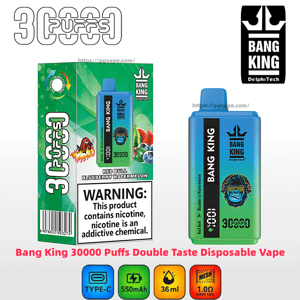 Green-blue Bang King disposable vape and matching box labeled 30,000 puffs and 'Red Bull - Blueberry Watermelon' flavor featuring a gorilla logo, large nicotine warning label, and icons for Type-C charging, 550 mAh, 36 ml capacity and 1.0 Ω mesh coil.