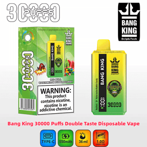 Yellow-green Bang King 30000 Puffs double-taste disposable vape and matching box labeled Red Bull Watermelon Bubble Candy, featuring the Bang King logo, a large nicotine warning on the box, and icons for Type-C charging, 550mAh battery, 36ml e-liquid and 1.0Ω mesh coil.