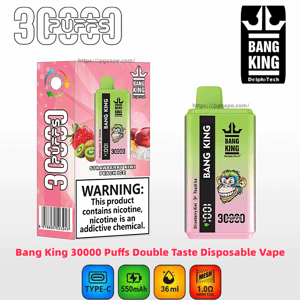 Pink-and-green Bang King 30000-puffs disposable vape and matching box showing Strawberry Kiwi Peach Ice flavor, a prominent nicotine warning, the Bang King logo with a cartoon monkey, and icons for Type-C charging, 550mAh, 36ml capacity and 1.0Ω mesh coil.