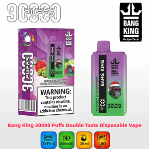 Boxed Bang King disposable vape and matching purple-to-green device featuring a gorilla in a Santa hat, labeled 30,000 puffs and double-taste Strawberry Kiwi / Sour Apple Raspberry, with a nicotine warning and icons for Type-C charging, 550 mAh battery, 36 ml capacity and 1.0Ω mesh coil.