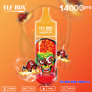 Bright orange promotional image featuring a tall yellow-orange ELF BOX 14000 Pro disposable vape centered, decorated with a colorful neon skull and two flaming bull illustrations, branded text reading ELF BOX and 14000 puffs pro, a visible product URL, and small icons at the bottom indicating 600mAh, Type-C, 25mL and mesh coil.