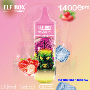 Pink ELF BOX 14000 Pro disposable vape in center featuring a neon green skull with an exposed pink brain artwork, surrounded by splashing strawberries and an ice cube, with product text 'ELF BOX 14000 pro' and icons for 600mAh, Type‑C, 25ML and mesh coil on a pink-to-peach gradient background.