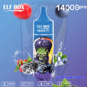 Blue ELF BOX 14000 Pro disposable vape device featuring a green alien-brain skull illustration and a printed URL, set against a purple-blue background with splashing blackberries, raspberries, blueberries, mint and ice, and displaying '14000 puffs' branding and icons for 600mAh, Type‑C, 25ml and mesh coil.