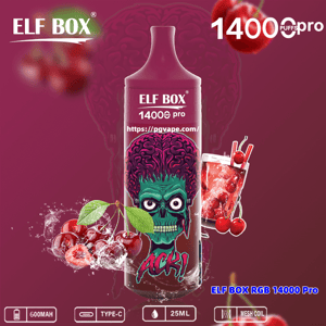 Maroon background with a large ELF BOX 14000 Pro disposable vape featuring a green skull with a purple brain design, surrounded by cherries and a cherry cocktail, with text and icons showing 600mAh, Type‑C, 25ml and mesh coil.