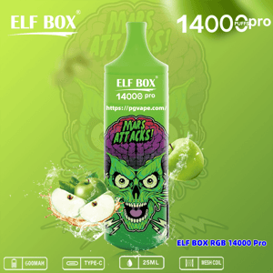 Bright green ELF BOX disposable vape labeled 14000 pro featuring a purple-brained green skull graphic reading 'Mars Attacks!' with splashing green apples and icons for 600mAh, Type-C charging, 25ml and mesh coil.