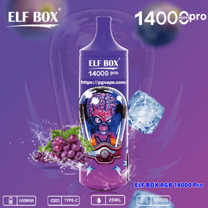 Purple ELF BOX 14000 Pro disposable vape featuring a stylized alien-brain graphic, surrounded by grapes and an ice cube to suggest grape-ice flavor and labeled with '14000 puffs' plus small icons for 600mAh, Type-C, 25ml and mesh coil.