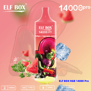 Colorful advertisement featuring a pink ELF BOX 14000 Pro disposable vape decorated with an illustrated green alien in a clear helmet, watermelon slices and an ice cube in front of a warm gradient background with '14000 puffs' text and product icons along the bottom.