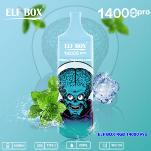 Tall turquoise ELF BOX 14000 Pro disposable vape device featuring a blue brain-skull illustration, mint leaves and an ice cube suggesting menthol flavor, set on a teal background with branding text and small icons for 600mAh, Type-C, 25ML and mesh coil.
