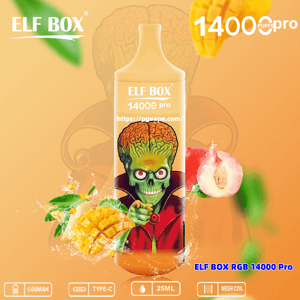 Orange promotional image of an ELF BOX 14000 Pro disposable vape showing a yellow-orange device labeled 