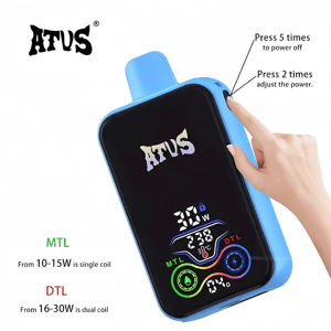 Blue ATUS vaping device with a black touchscreen showing 30W and colorful MTL/DTL indicators, a hand pressing the side button, and nearby instructions to press five times to power off or twice to adjust power.