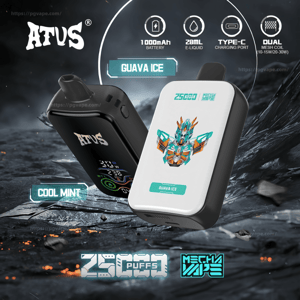 Two handheld ATVS vaping devices floating over a cracked icy landscape — a white pod labeled Guava Ice with colorful mech artwork and a black pod showing the ATVS logo and display; on-image icons indicate 1000mAh battery, 28mL e-liquid, Type‑C charging and dual mesh coil, with Cool Mint and 2500 puffs branding.