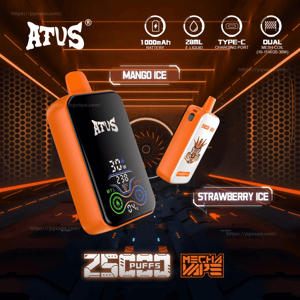 Two orange ATUS vape devices—one black-front model with a digital display and an orange-and-white pod with flavor artwork—float in a glowing orange futuristic tunnel labeled Mango Ice and Strawberry Ice, with icons noting 1000mAh battery, 28ml e-liquid, Type‑C charging, dual mesh coil and '2500 puffs' branding.