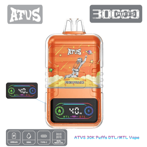Orange ATVS disposable vape labeled PINEAPPLE ICE with an astronaut graphic, clear top mouthpiece and a bottom digital display reading 40 W with MTL/DTL icons, surrounded by logos indicating 30,000 puffs, 1000 mAh, 30 ml capacity, Type‑C charging and dual mesh coil.