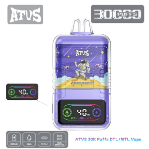 Purple ATVS vape device with astronaut ‘Strawberry Ice’ artwork, clear top mouthpiece, and front color display showing 40W with MTL/DTL icons, accompanied by labels advertising 30,000 puffs and 1000mAh/30ml/Type‑C/dual mesh coil features.