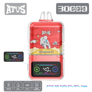 Red rectangular ATVS vape device with astronaut 'Watermelon Ice' artwork, a lower digital display reading '40 W' with MTL/DTL icons, and surrounding logos and icons indicating 30,000 puffs and specs (1000 mAh, 30 mL, USB‑C, dual mesh coil).