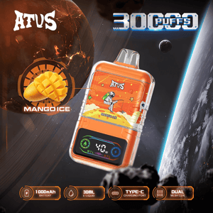 Orange ATUS Mango Ice vape device with astronaut and mango graphics floating in a space-themed background, large '300 PUFFS' label at the top, and icons along the bottom indicating 1000mAh battery, 30ml e-liquid, Type-C charging port, and dual mesh coil.