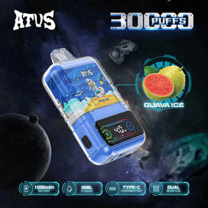 Blue ATUS disposable vape device floating against a starry space background with a '30000 Puffs' headline, a guava ice flavor callout showing sliced guava, and icons along the bottom indicating 1000mAh battery, 30mL e-liquid, Type-C charging and dual mesh coil.