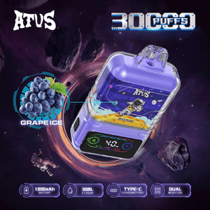 Purple translucent ATUS vape device labeled Grape Ice with an astronaut graphic and digital display floating in a space-themed background, accompanied by a cluster of grapes, prominent ‘300 PUFFS’ branding, and icons noting 1000mAh battery, 30mL e-liquid, Type-C charging port and dual mesh coil.