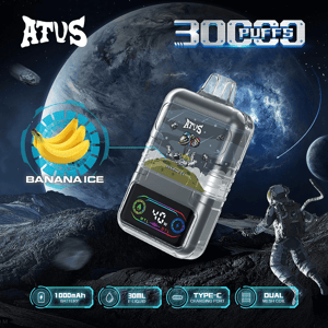 Transparent vape device branded ATVS with a digital display floating over a lunar landscape, accompanied by '3000 PUFFS' and 'BANANA ICE' text and a banana graphic, with an astronaut on the right and product feature icons along the bottom.