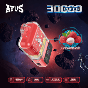 Red ATUS lychee-ice vape device floating in a stylized space scene with asteroids, '3000 PUFFS' and a lychee image labeled LYCHEE ICE, and product icons along the bottom noting 1000mAh battery, 30ml e-liquid, Type-C charging and dual mesh coil.