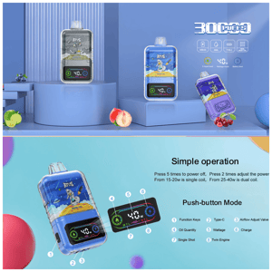 Three colorful rectangular disposable vape devices with digital screens are displayed on glossy blue pedestals with lime, peach and cherry props, a '3000 PUFFS' logo in the corner, and a lower panel showing a close-up of the device's control screen with labeled push-button operation and icons.