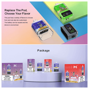 Top half shows three translucent flavored vape pods with colorful illustrated labels and digital displays next to the heading Replace The Pod, Choose Your Flavor, and the bottom half shows multiple branded product boxes displayed on a round white platform with visible warning labels.