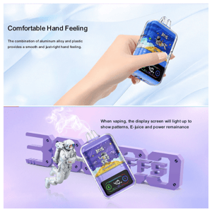 Close-up of a hand holding a translucent blue vaping device decorated with a cartoon astronaut and a small digital screen; below is a larger floating view of the same device beside a miniature astronaut and purple 3D lettering with promotional captions about comfortable hand feeling and display lighting.