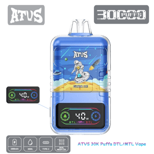 Blue ATVS Guava Ice DTL/MTL vape device shaped like a rounded rectangle, featuring a cartoon astronaut surfing on a sandy island with 'ATVS' branding, a digital display reading '40W' with MTL/DTL icons, and badges indicating 30,000 puffs, 1000mAh battery, 30ml e-liquid, Type-C charging and dual mesh coil
