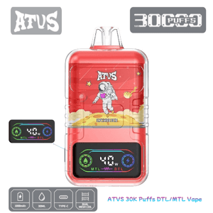 Red ATVS Lychee Ice disposable vape device with astronaut artwork and transparent top, dual mouthpiece, black digital screen reading 40W with MTL/DTL icons, and labels noting 30K puffs, 1000mAh battery and Type-C charging.