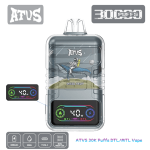 Clear rectangular ATVS vape device with a top mouthpiece and a cartoon astronaut riding a blue whale over a hill labeled MIXED FRUIT, a color digital display reading 40W with MTL/DTL icons, ATVS and 30,000-puffs logos, and small icons for 1000mAh, 30mL, Type-C charging, and dual mesh coil.