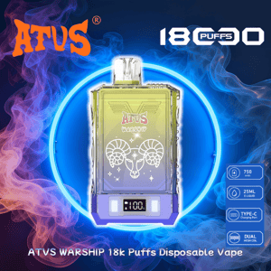 Rektangulär genomskinlig ATVS Warship engångsvape med ram-skallekonstverk och en digital display som visar 100, centrerad inuti en glödande blå neonring och omgiven av lila-blå rök, med märkesnamn och produktspecifikationer (18k puffar, 750 mAh, 25 ml, Type-C, dubbelt nät) synliga runt den.