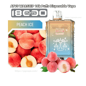 Translucent rectangular ATVS Warship disposable vape with a blue-to-amber gradient and scale logo, pictured beside whole and halved peaches, a stack of peaches in the foreground, and labels reading 'Peach Ice' and '18k Puffs'.