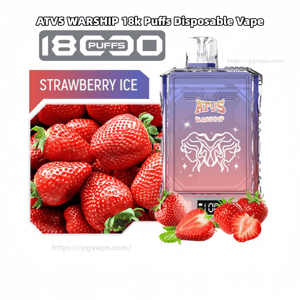 Promotional image showing an ATVS Warship disposable vape with a purple-pink gradient and clear mouthpiece beside a pile of ripe strawberries, labeled “Strawberry Ice” and advertising 18k puffs.