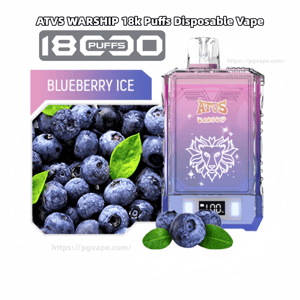 ATVS Warship disposable vape in a pink-to-purple gradient with a white lion logo and digital puff counter, shown beside fresh blueberries, a BLUEBERRY ICE label, and an 18k puffs badge.