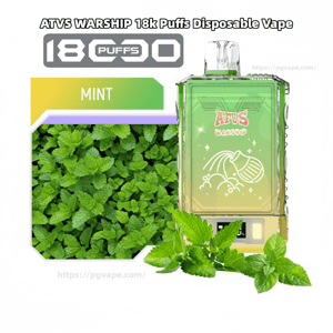 ATVS Warship disposable vape in translucent green with a clear mouthpiece and brand graphics, shown with an '18k Puffs' badge and a mint flavor label alongside fresh mint leaves and a close-up of mint foliage.