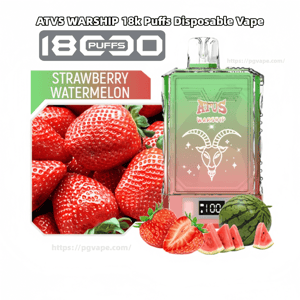Green-to-pink gradient ATVS Warship disposable vape with a stylized goat logo and digital puff counter, shown beside large strawberries and watermelon slices and labeled 'Strawberry Watermelon' with an '18k puffs' badge.