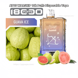 ATVS Warship disposable vape device with a purple-orange gradient standing beside whole and sliced guavas and a close-up of green guava fruit, labeled 