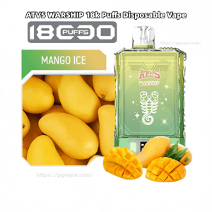 Promotional product image of an ATVS Warship disposable vape — a translucent green rectangular device with a white scorpion logo, labeled 18k puffs, shown with 'Mango Ice' flavor text and whole and sliced mangoes.